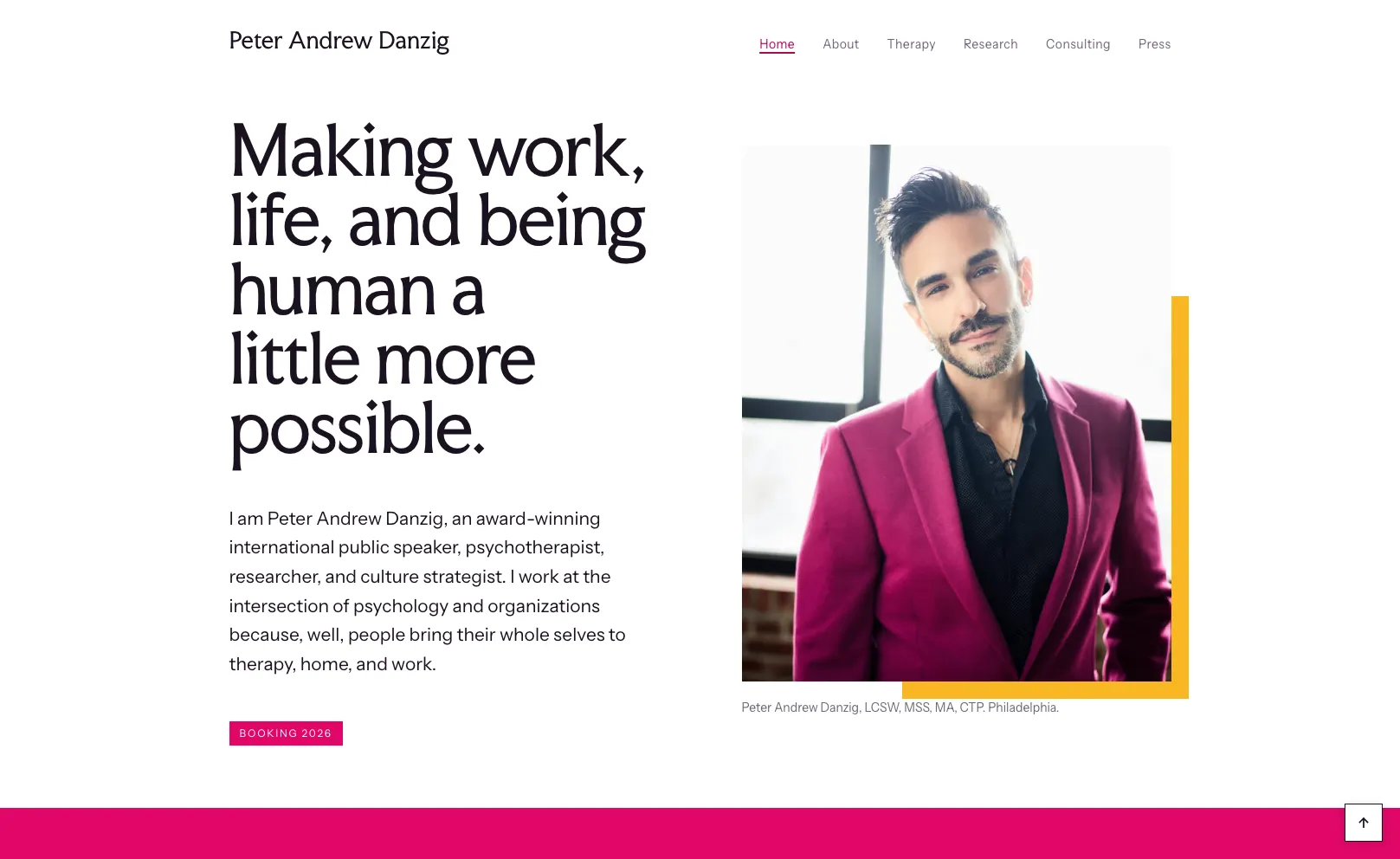 Peter Andrew Danzig website homepage with a portrait of Peter in a fuchsia blazer beside the headline Making work, life, and being human a little more possible.