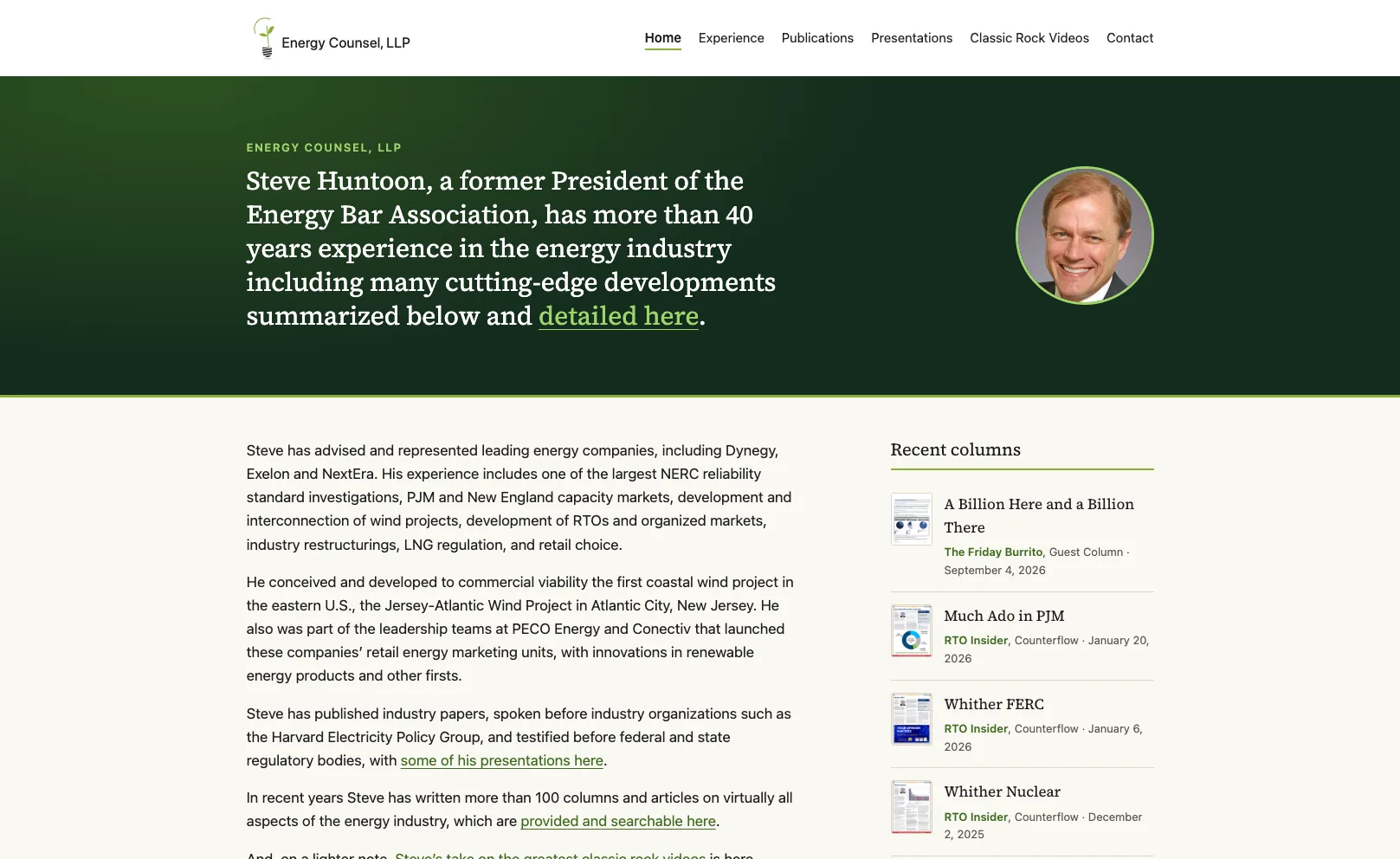 Energy Counsel website homepage with Steve Huntoon's biography and a rail of his recent columns.