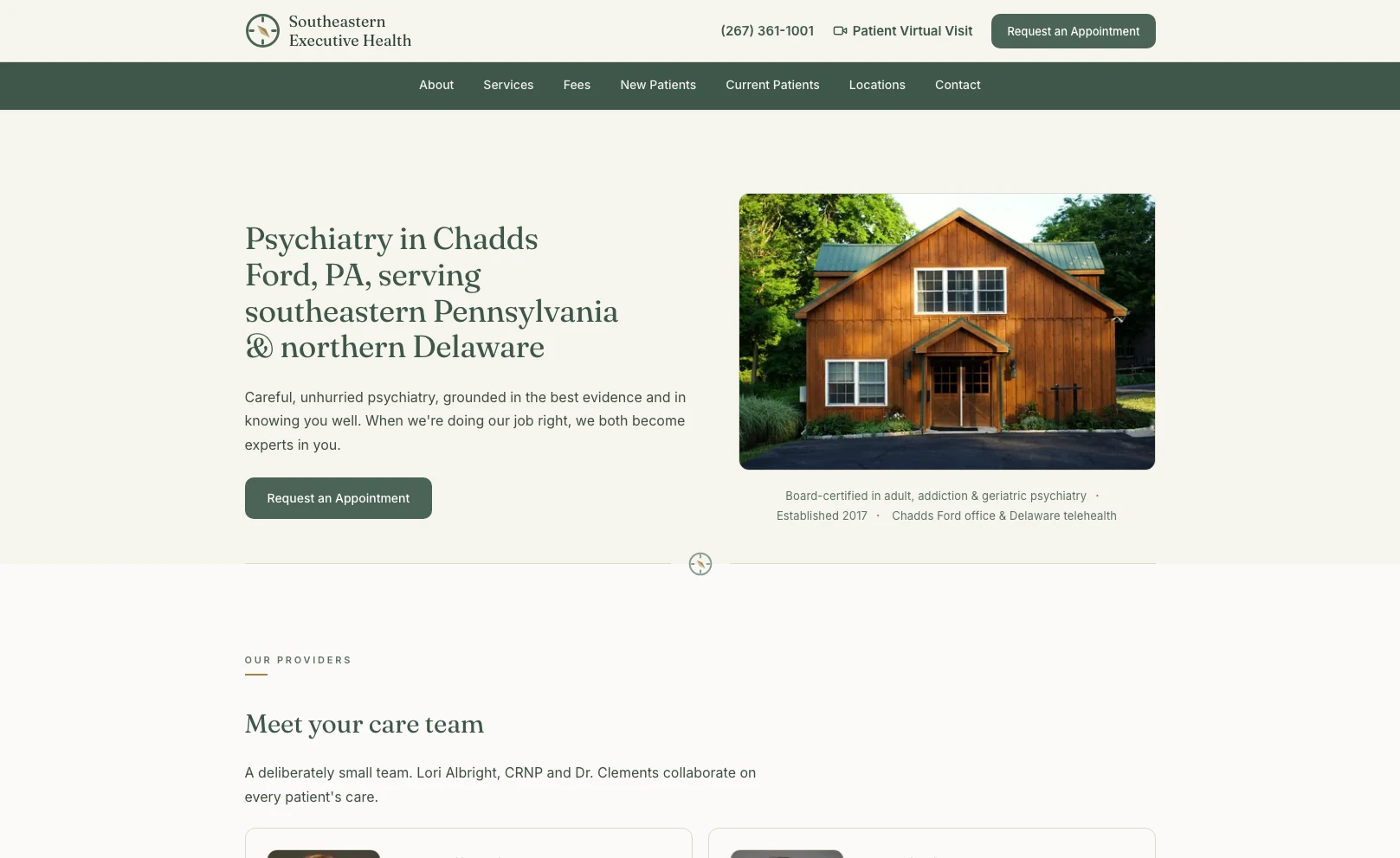 Southeastern Executive Health website homepage showing a psychiatry practice in Chadds Ford, Pennsylvania serving southeastern Pennsylvania and northern Delaware